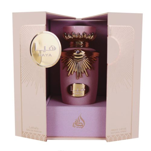 Lattafa Haya Eau de Parfum for women, 3.4 fl oz (100 ml). The perfume bottle is displayed inside an elegant beige and gold box with open doors. The bottle is pink with gold sunburst details and an eye design, featuring an ornate gold cap.
