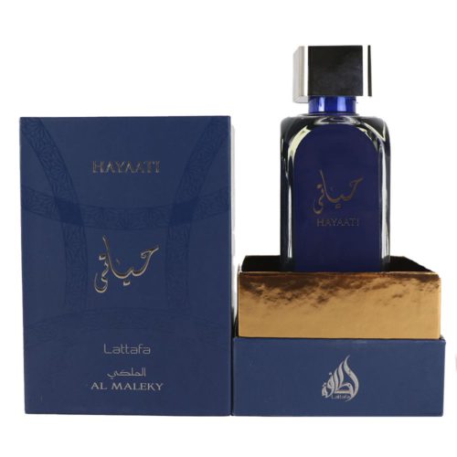 Opened packaging of Hayaati Al Maleky Eau de Parfum by Lattafa, revealing the elegant blue glass bottle inside a gold-accented box.
