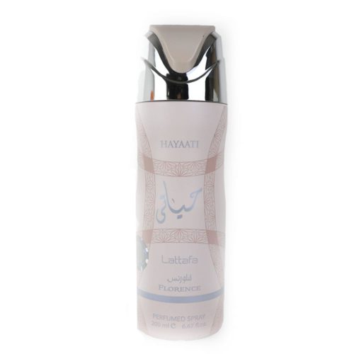 A single Hayati Florence perfumed spray bottle by Lattafa, 200 ml, showcasing its intricate beige design with silver highlights.