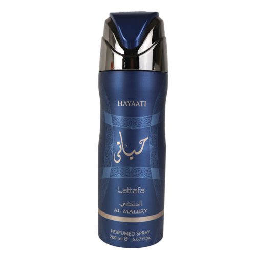 Close-up of a single Hayati Al Maleky Perfumed Spray bottle by Lattafa, 200 ml, showcasing detailed branding and sleek design.