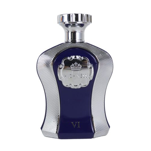 Close-up of the silver and navy blue perfume bottle, featuring an intricate metallic design and elegant curves.