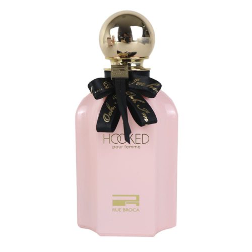 Hooked Pour Femme perfume bottle by Rue Broca, in an elegant pink design with a golden spherical cap and black ribbon.