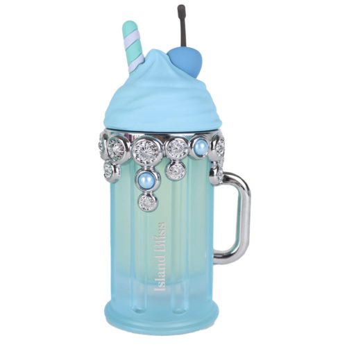 Armaf Island Bliss Delights Eau de Parfum (100ml) bottle designed like a milkshake, decorated with silver and blue embellishments.