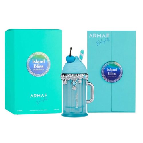 Island Bliss Delights Eau de Parfum 100ml by Armaf. The packaging is vibrant turquoise, and the perfume bottle is shaped like a blue milkshake with whipped cream, a cherry, and a straw on top, adorned with silver jewelry details.