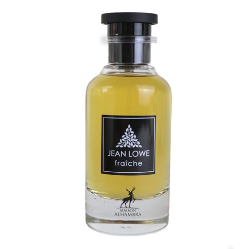 Close-up of the Jean Lowe Fraiche Eau de Parfum 100 ml bottle, transparent glass with a black cap and Maison Alhambra logo.