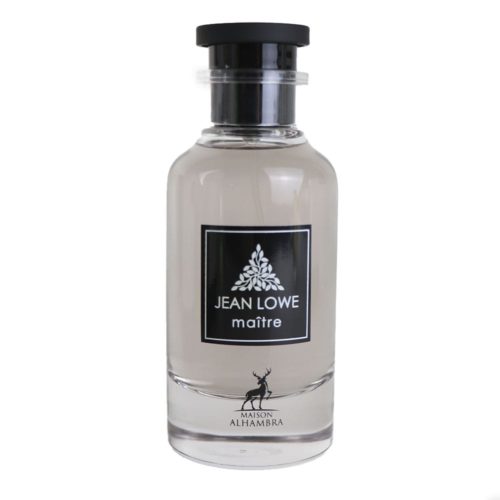 Close-up of the Jean Lowe Matiere Eau de Parfum 100ml bottle by Maison Alhambra, featuring a transparent glass container with a black cap.