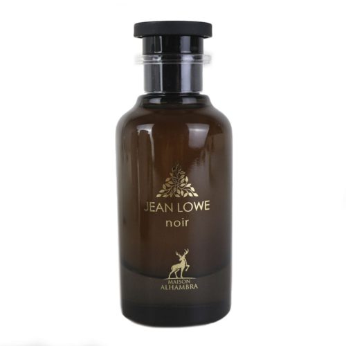 Jean Lowe Noir by Maison Alhambra, an elegant dark brown glass bottle with gold lettering and a black cap.