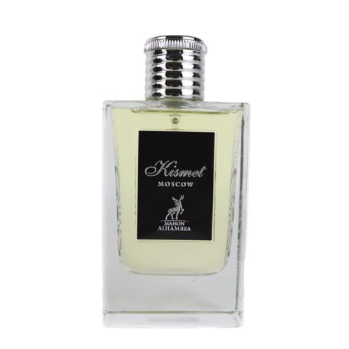 A close-up of the Kismet Moscow Eau de Parfum bottle by Maison Alhambra. The transparent glass bottle contains a light green liquid and has a black and silver label.