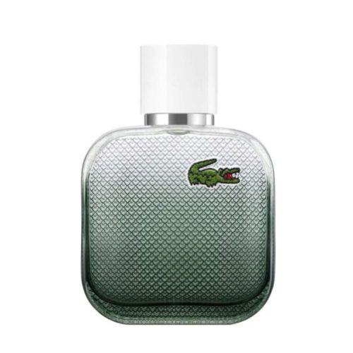 Lacoste L.12.12 Blanc Eau Intense 100ml perfume bottle, featuring a textured green gradient glass design and a white cap.