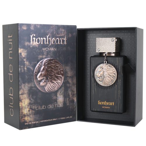Open box of Lionheart Woman Eau de Parfum by Armaf, showing a black bottle with a metallic lion emblem and textured silver cap.