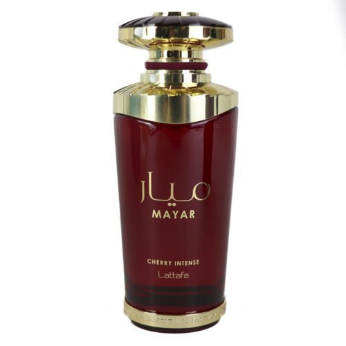 Close-up of Mayar Cherry Intense perfume bottle by Lattafa, with a deep red glass and gold accents.