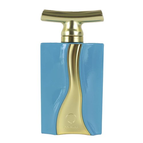 A close-up of the Melodie perfume bottle, which has a striking blue and gold design with a distinctive T-shaped gold cap
