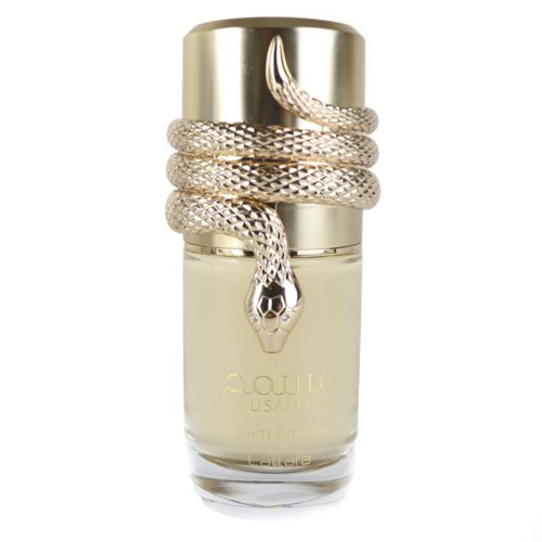 The Musamam White Intense perfume bottle standing alone, with an intricate golden snake wrapped around its golden cap.