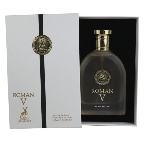 Open box of Maison Alhambra Optus V perfume, revealing the bottle nestled in black packaging with gold accents.