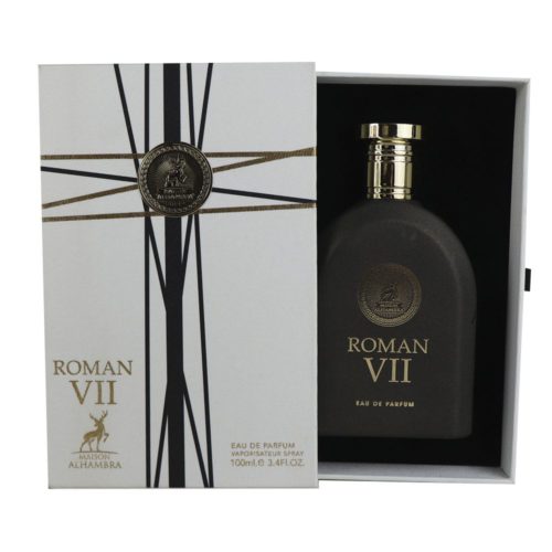 Roman VII Eau de Parfum by Maison Alhambra displayed with its box. The black bottle sits inside the white box with gold accents.