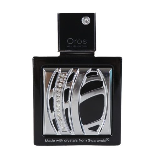 Oros Eau de Parfum for Men by Armaf. A detailed view of the perfume bottle showcasing its stylish silver design with Swarovski crystals.