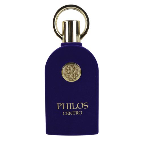 Philos Centro EDP 100ml perfume bottle by Maison Alhambra, with a unique blue velvet design and golden accents.