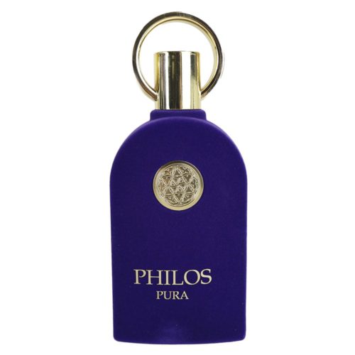 Philos Pura Eau de Parfum bottle, featuring a luxurious dark blue velvet-textured design with gold details and a round handle cap.
