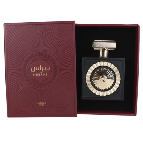Pride Nebras Eau de Parfum 100ml by Lattafa inside its premium red and gold packaging.