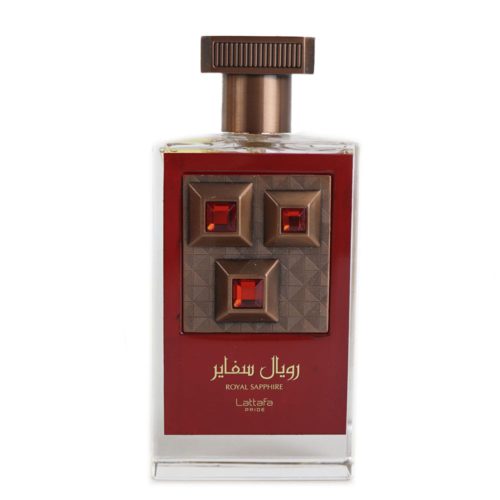 Close-up of Pride Royal Sapphire EDP 100 ml Unisex by Lattafa perfume bottle, featuring intricate square decorations with red gemstone details.