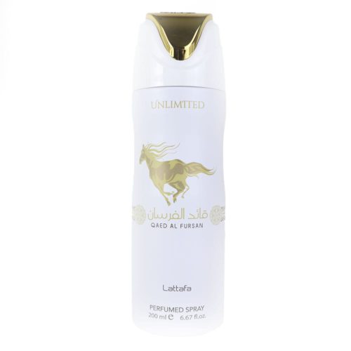 Close-up of the back label of a Lattafa Pride Shaheen perfumed spray, 200 ml, showing product details and ingredients.