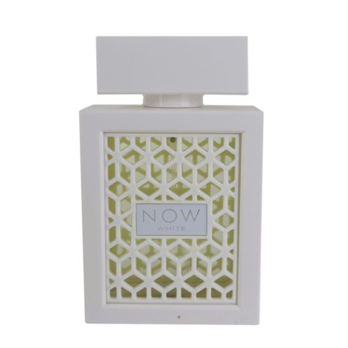 Close-up of the Rave Now White perfume bottle, featuring a white lattice design with a translucent liquid inside.