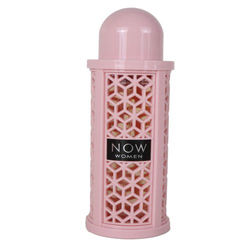 Rave Now Women Eau de Parfum bottle, 3.4 fl oz (100 ml). The perfume is contained in a unique pink case with a lattice design, allowing glimpses of the inner glass bottle. The dome-shaped cap complements the elegant structure.