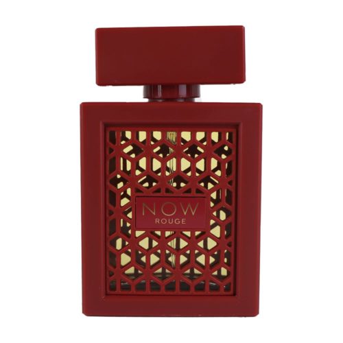 Rave Now Rouge Eau de Parfum 100 ml bottle for women, featuring a red lattice-style design with golden accents.