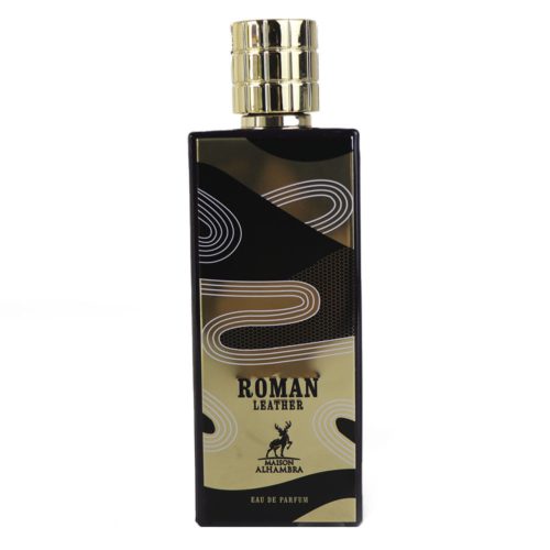 The "Roman Leather" perfume bottle with a modern gold and black design, featuring curved patterns and a metallic cap.
