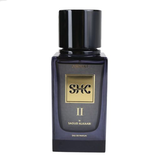 Close-up of SHK II Eau de Parfum by Armaf. A sleek black bottle with a gold label and cap, featuring the brand’s emblem.