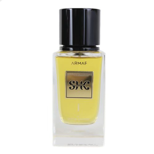 Close-up of the SHK I Eau de Parfum bottle by Armaf. A clear glass bottle with a gold label and black cap, exuding elegance and sophistication.