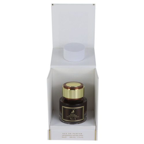 The perfume bottle inside an open, upright white box with gold accents, presenting an upscale packaging style.