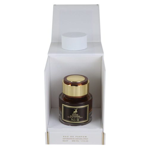 The "Maison Alhambra Signatures No II" perfume bottle nestled inside its open white box, reflecting premium packaging.