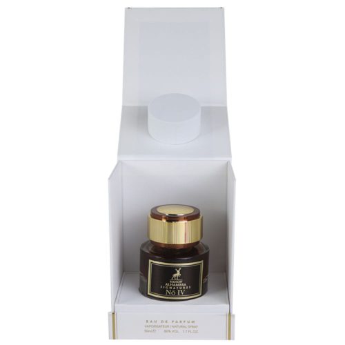 A luxurious perfume bottle with a golden cap inside an open white box, showcasing its elegant packaging and premium design.