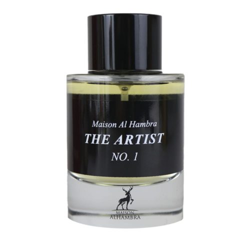 Close-up of The Artist No. 1 perfume bottle by Maison Alhambra, showcasing its elegant black and transparent design with logo.