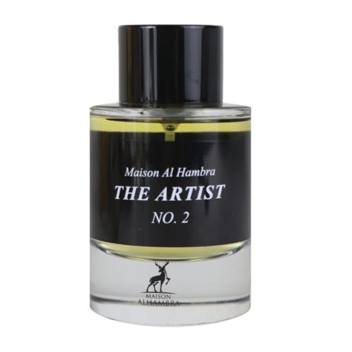 Close-up view of the "The Artist No. 2" perfume bottle by Maison Alhambra, a sleek transparent glass bottle with a black label and cap.