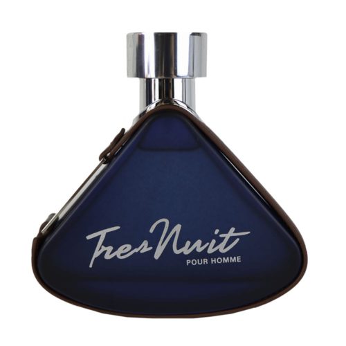 Close-up of the Tres Nuit Pour Homme perfume bottle by Armaf, featuring a triangular blue design with silver lettering.