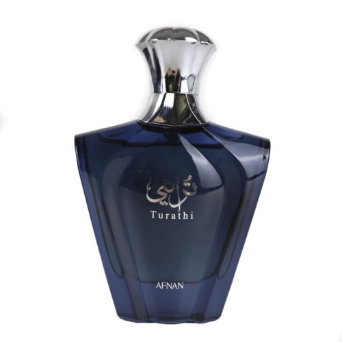 Afnan Turathi Blue Eau de Parfum bottle for men, featuring a dark blue glass design with silver accents and Arabic calligraphy.