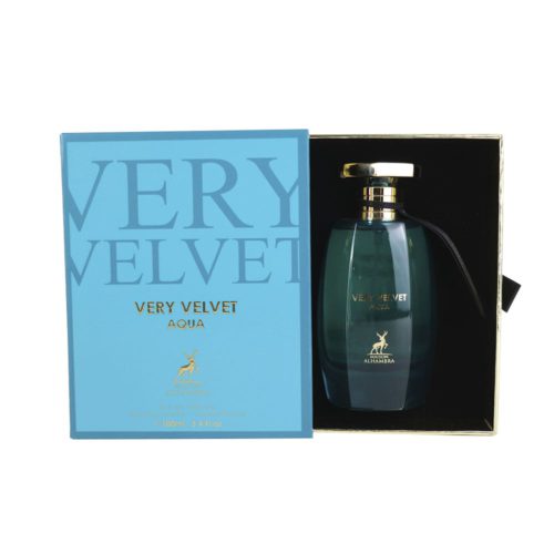Open "Very Velvet Aqua" perfume box with the bottle inside, showcasing the elegant gold details and light blue theme of the fragrance.