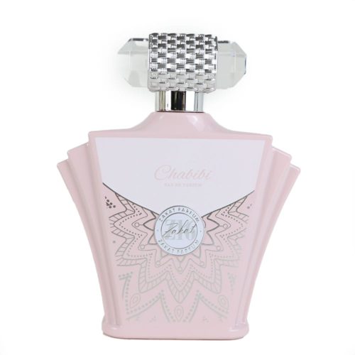 Chabibi Zakat Parfum bottle in soft pink with silver details, featuring a crystal-textured cap and intricate mandala design.