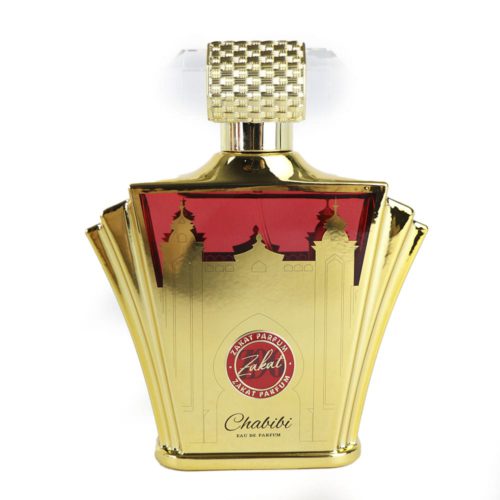 Close-up of the Zakat Chabibi Eau de Parfum 100ml bottle, gold with red architectural elements and a textured cap.