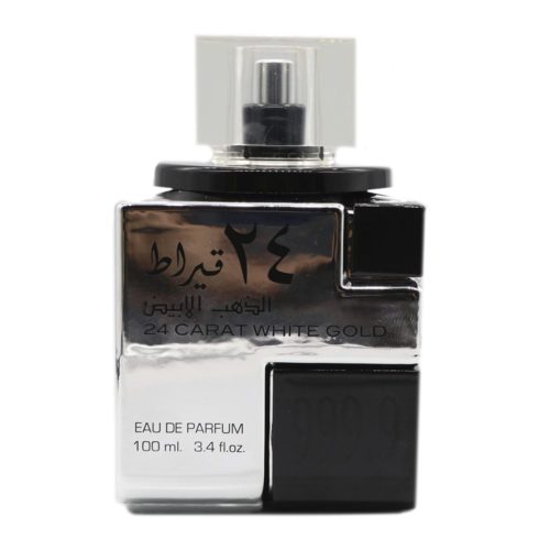 Close-up of the silver and black 24 Carat White Gold perfume bottle by Lattafa with transparent cap and Arabic writing.