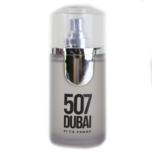 Close-up of the "507 Dubai Pour Femme" perfume bottle, with a frosted glass finish and silver accents.