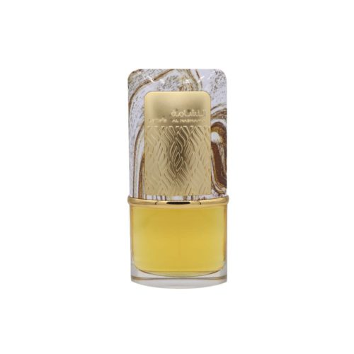 Close-up of the Al Nashama perfume bottle with golden label and marbled design.