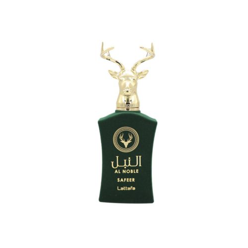 Close-up of the Al Noble Safeer perfume bottle with green velvet finish and golden deer-head cap.