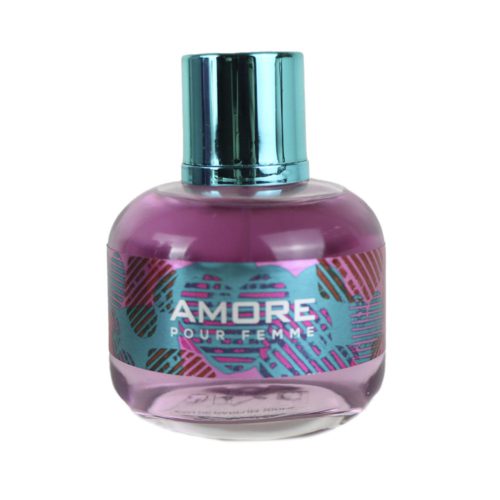 Close-up of the Amore Pour Femme perfume bottle by Dubai Essences, with a metallic turquoise cap and pink liquid.
