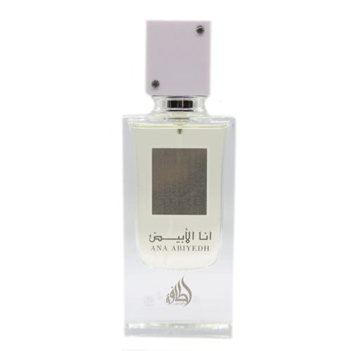 Close-up of Ana Abiyedh perfume bottle featuring transparent glass, white cap, and engraved logo.