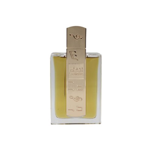 Angham perfume bottle by Lattafa, with golden cap and Arabic calligraphy, filled with amber-colored liquid, standing alone.