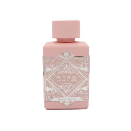Pink bottle of Badee Al Oud Noble Blush Eau de Parfum by Lattafa with elegant silver geometric label.