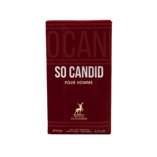 Front of the Maison Alhambra So Candid Pour Homme box with bold white and gold lettering on deep red background.